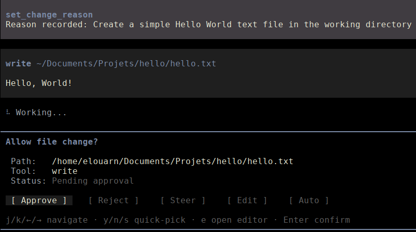 pi-change-review prompting the developer to approve or reject an agent's file edit before it lands