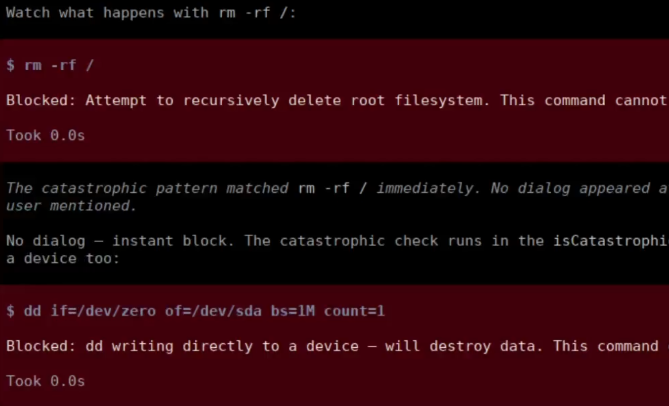 Terminal recording of pi-gatekeeper intercepting and blocking an rm -rf / command in real time
